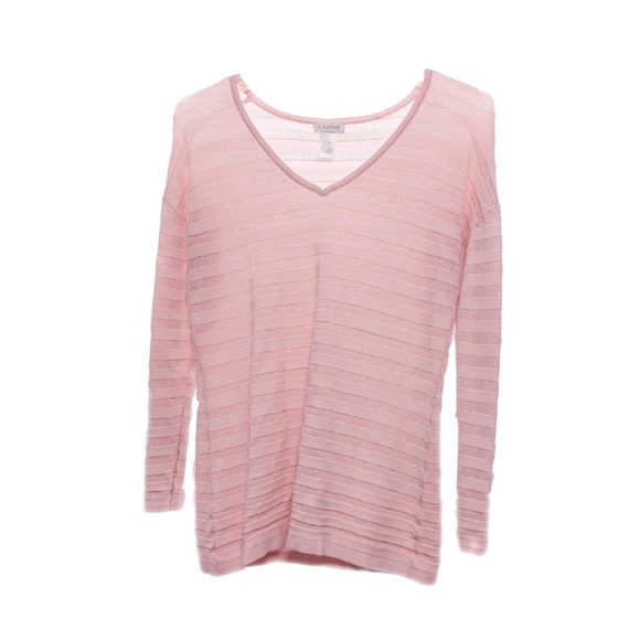 Caché Nude Pink Textured Womens L Lateral Ribbed Long Sleeve Stretch Top - Picture 2 of 3